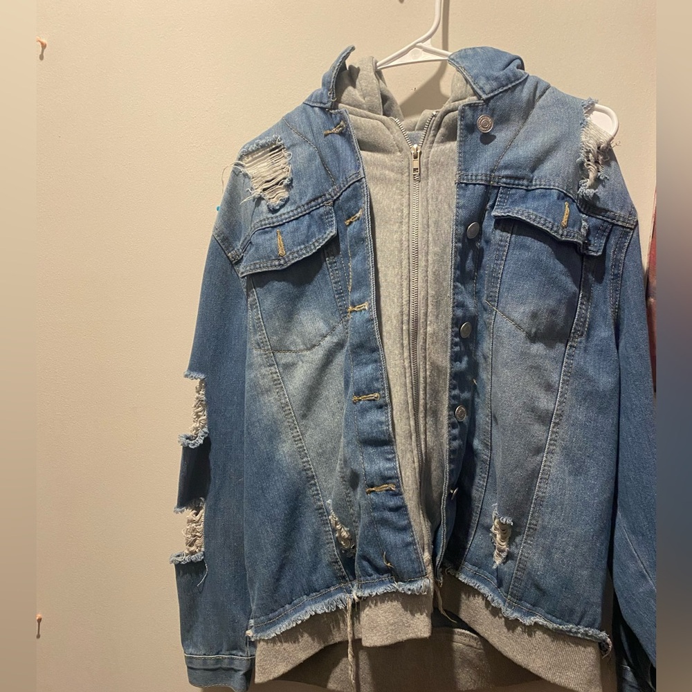 Denim jean jacket with hoodie built in.